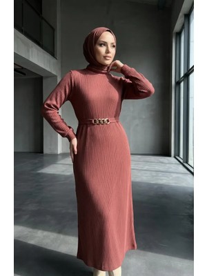 Fitilli Kuşaklı Tesettür Elbise 2226-08 Gül Kurusu