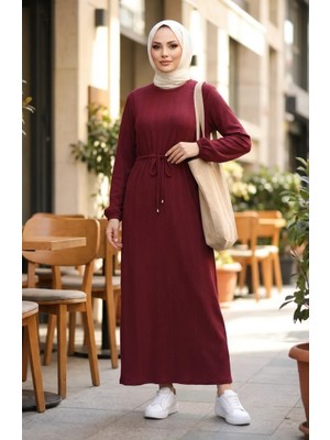 Beli Büzgülü Fitilli Tesettür Elbise 2227-01 Bordo