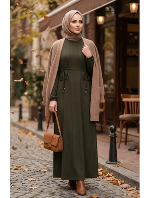 Beli Büzgülü Fitilli Tesettür Elbise 2227-02 Haki