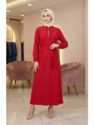 Püskül Detaylı Kuşaklı Tesettür Elbise 2229-01 Kırmızı