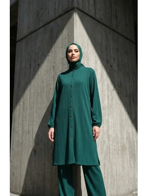 Boydan Düğmeli Tesettür Ikili Takım 2232-01 Zümrüt Yeşili