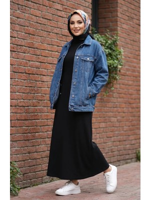 Sefa Merve Beli Büzgülü Fitilli Tesettür Elbise 2227-05 Siyah