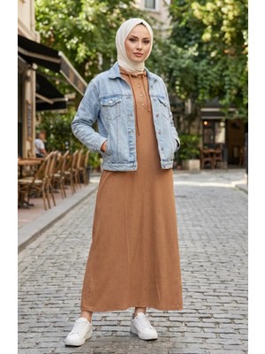 Fitilli Düğmeli Tesettür Elbise 2231-01 Sütlü Kahve