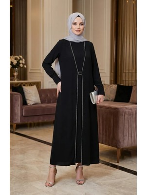 Sefa Merve Taş Işlemeli Tesettür Elbise 6273-02 Siyah