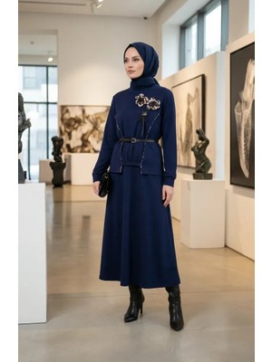 Çiçek Detaylı Beli Lastikli Ikili Takım 0245-01 Lacivert