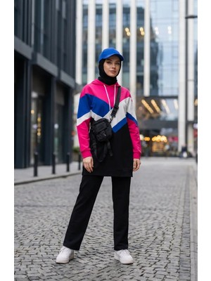 Renk Bloklu Kapüşonlu Ikili Takım 71022-02 Siyah Pembe