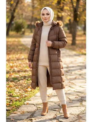Kürklü Kapüşonlu Kemerli Şişme Mont 6135-02 Taba