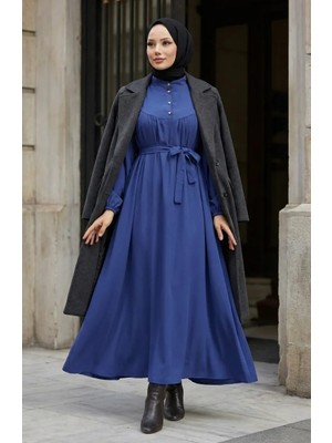 Belmando Kumaş Yarım Düğmeli Kuşaklı Elbise 2166-09 Indigo