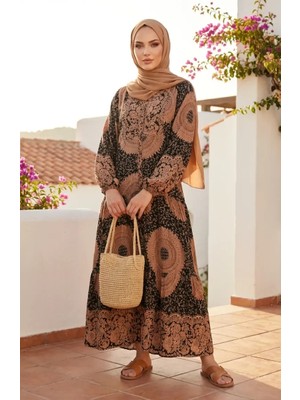 Etnik Desen Kat Kat Viskon Tesettür Elbise 2199-03 Sütlü Kahve Siyah