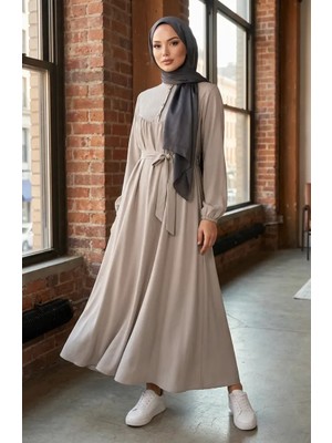Belmando Kumaş Yarım Düğmeli Kuşaklı Elbise 2166-10 Açık Vizon