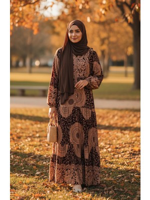 Etnik Desen Kat Kat Viskon Tesettür Elbise 2199-01 Sütlü Kahve Bordo