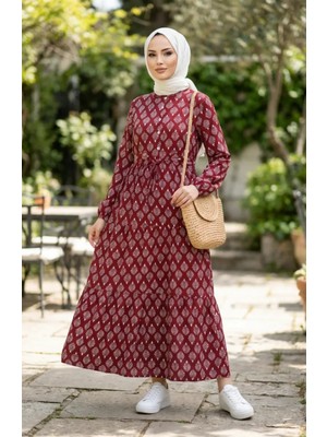 Yaprak Desenli Yarım Düğmeli Viskon Tesettür Elbise 2200-03 Bordo