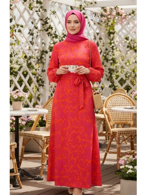 Desenli Kuşaklı Viskon Tesettür Elbise 2202-05 Kiremit