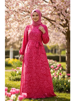 Desenli Kuşaklı Viskon Tesettür Elbise 2202-06 Pembe