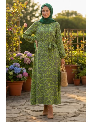 Desenli Kuşaklı Viskon Tesettür Elbise 2202-03 Fıstık Yeşili