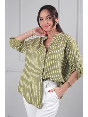 By Saygı Kadın Tek Cepli Çizgili Ithal Keten Gömlek