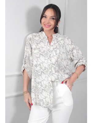 By Saygı Kadın Tek Cepli Yaprak Desenli Ithal Keten Gömlek