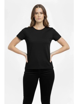 Luz&Pos Kadın T-Shirt Bisiklet Yaka Slim Fit Likralı Tişört Günlük Basic Body - Siyah