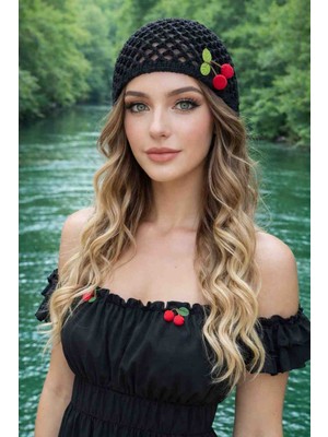 Happy Handmade Kirazlı Kroşe Şapka/siyah Şapka/siyah Bere/mesh Hat/plaj Şapkası/hediyelik