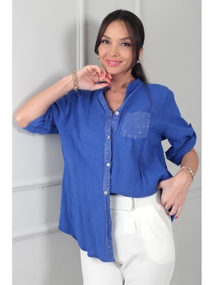 By Saygı Kadın Pul Detaylı Tek Cepli Ithal Lyocell Viskon Oversize Gömlek