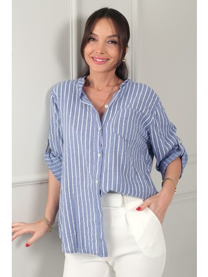 By Saygı Kadın Tek Cepli Çizgili Ithal Keten Gömlek