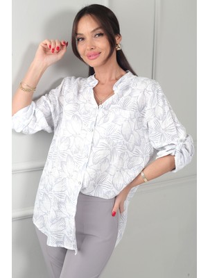 By Saygı Kadın Tek Cepli Yaprak Desenli Ithal Keten Gömlek