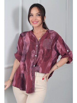 By Saygı Kadın Pul Detaylı Tek Cepli Ithal Baskı Desen Viskon Oversize Gömlek