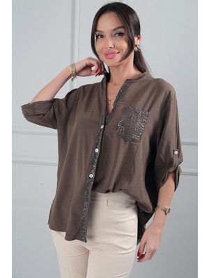 By Saygı Kadın Pul Detaylı Tek Cepli Ithal Lyocell Viskon Oversize Gömlek