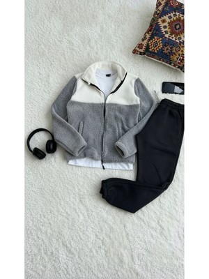 Insane Minds Erkek Renk Bloklu Cep Detaylı Pelüş Ceket ve Eşofman Kombini Alt Üst