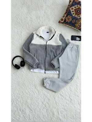 Insane Minds Erkek Renk Bloklu Cep Detaylı Pelüş Ceket ve Eşofman Kombini Alt Üst