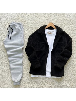 Insane Minds Erkek Cep Detaylı Pelüş Gömlek ve Eşofman Kombini Alt Üst