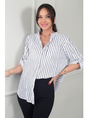By Saygı Kadın Tek Cepli Çizgili Ithal Keten Gömlek