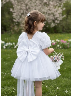 Kız Çocuk Elbise Balon Kısa Kol Detay Lı Kuyruklu Fiyonk Party Doğum Günü Elbise