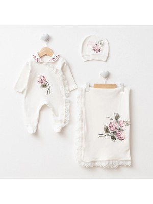 Eda Baby Ortanca Nakışlı Dantel Detaylı 3'lü Hastane Çıkış Seti %100 Pamuk Kız Bebek Yenidoğan