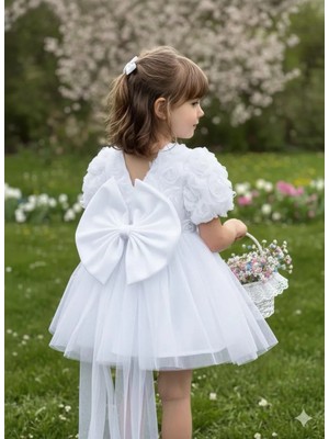 Kız Çocuk Elbise Balon Kısa Kol Detay Lı Kuyruklu Fiyonk Party Doğum Günü Elbise