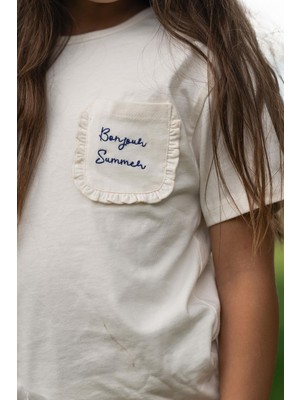 Antebies Pamuk, Sustainable, Krem Fırfırlı Cepli Nakışlı Kız Çocuk Tshirt