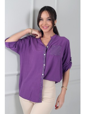 By Saygı Kadın Pul Detaylı Tek Cepli Ithal Lyocell Viskon Oversize Gömlek