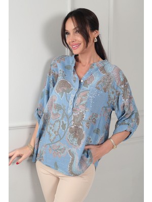 By Saygı Kadın Önü Yarım Düğmeli Pul Detaylı Tek Cepli Oversize Ithal Baskılı Keten Bluz