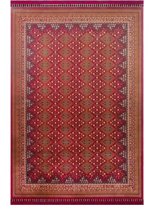Cool Halı Mihra Kırmızı Klasik Etnik Saten Desenli Makine Dokuma Afgan Kaymaz Taban Oturma Odası Salon Halısı