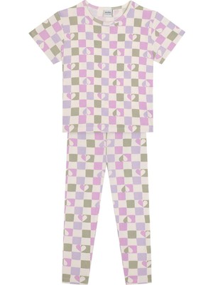 Antebies Organik Gots Sertifikalı Pembe Kalpli Dama Desenli Beli Lastikli Tshirt Tayt Kız Çocuk Pijama Takımı
