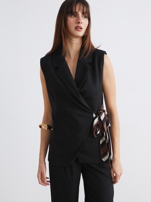 Soulife Kruvaze Yaka Fular Bağlamalı Kadın Klasik Yelek