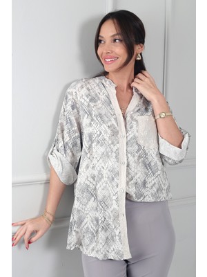 By Saygı Kadın Pul Detaylı Tek Cepli Ithal Baskı Desen Viskon Oversize Gömlek