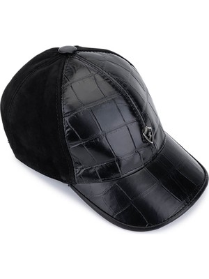 Tamer Tanca Erkek Hakiki Deri Siyah Beyzbol Şapka 524 1137 Spk SK24-25 Syh Kroko/nbk