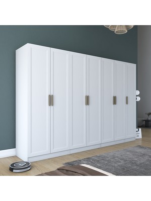 Rani BA207 Membran Kapaklı Gardırop 12 Raflı 3 Askılı 7 Kapaklı Elbise Dolabı Beyaz