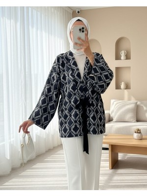 Modamorfo Beli Bağlamalı Kare Desen Saçaklı Kimono -K.Laci