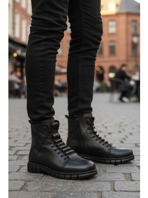 Komcero 2K8518-HK-350 Hakiki Deri Içi Kürklü Kaymaz Siyah Erkek Bot