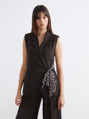 Soulife Kruvaze Yaka Fular Bağlamalı Kadın Klasik Yelek