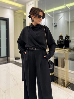 Kadın Uzun Kollu Şal Detaylı Bluz ve Pantolon Kemer Dahil Ikili Takım