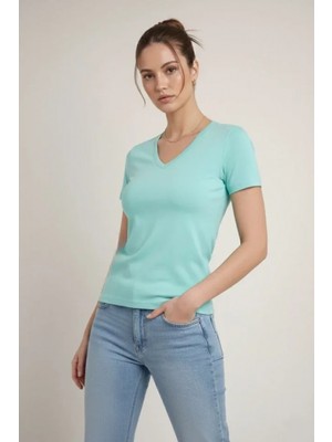 T-Shirt V Yaka Slim Fit Likralı Tişört Günlük Basic Body - Turkuvaz