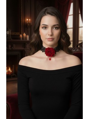 Siyah Gotik Dantel ve Gül Motif  Choker Kolye - Viktoryen Stil  Gül Kolye Boyunluk
